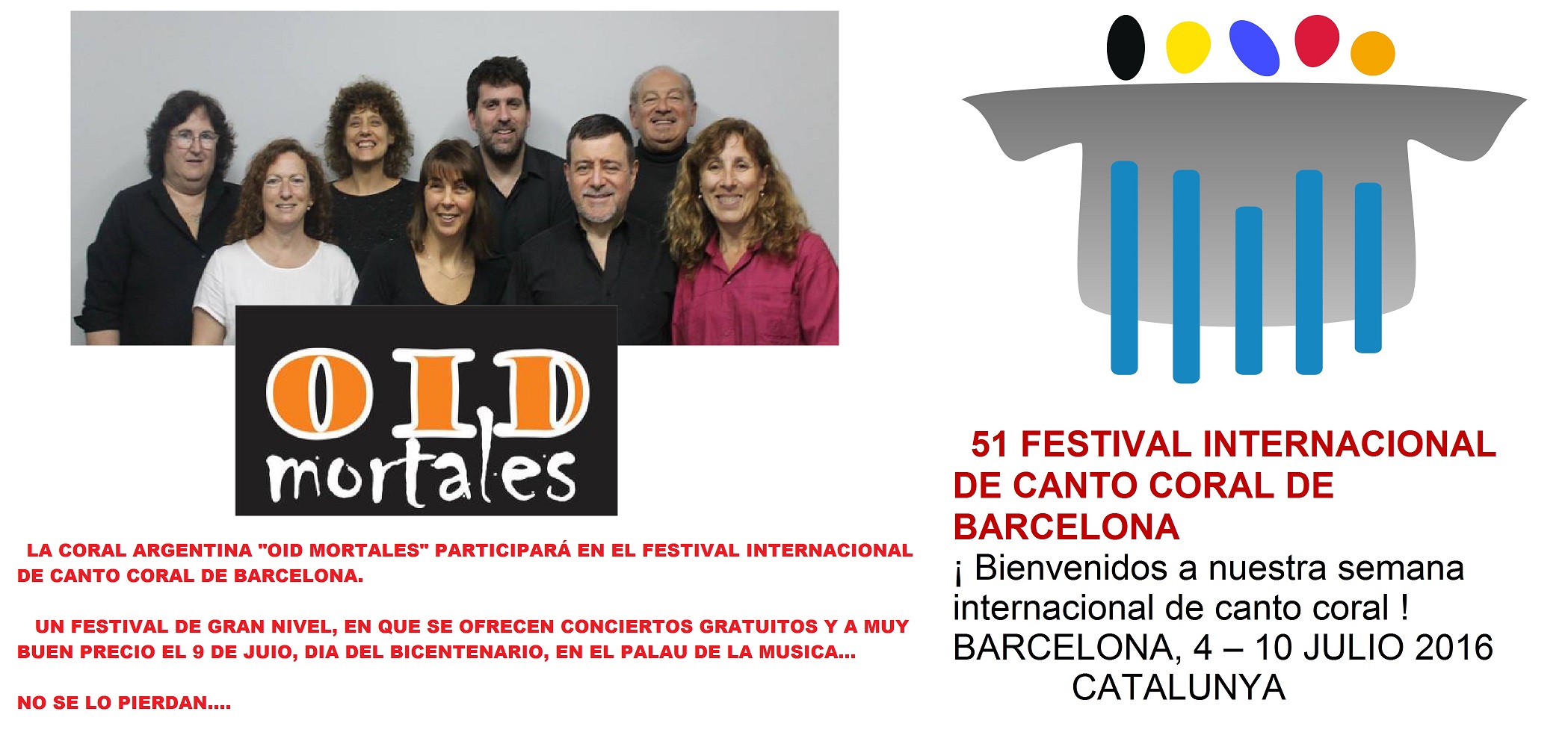 LA CORAL ARGENTINA OID MORTALES PARTICIPA DEL FESTIVAL INTERNACIONAL DE CANTO DE BARCELONA